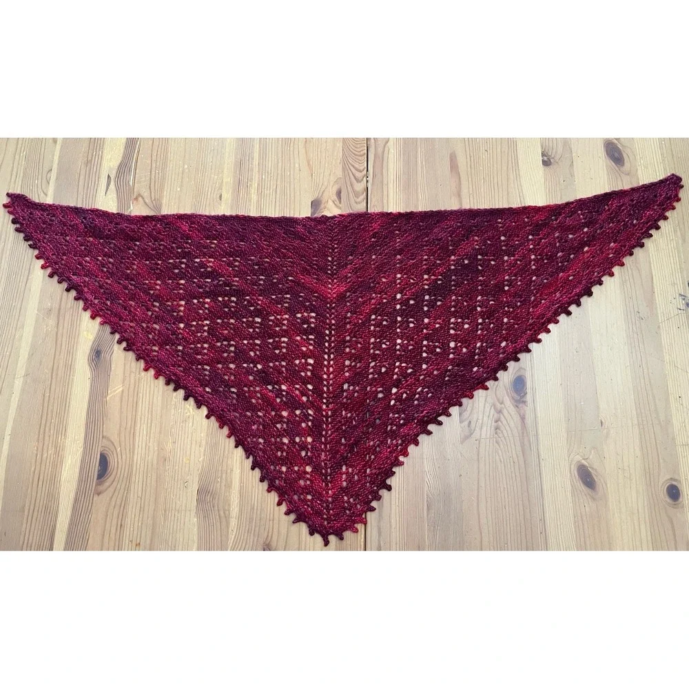 Vintage Hand Knit Burgundy Lace Triangle Scarf Wrap 40